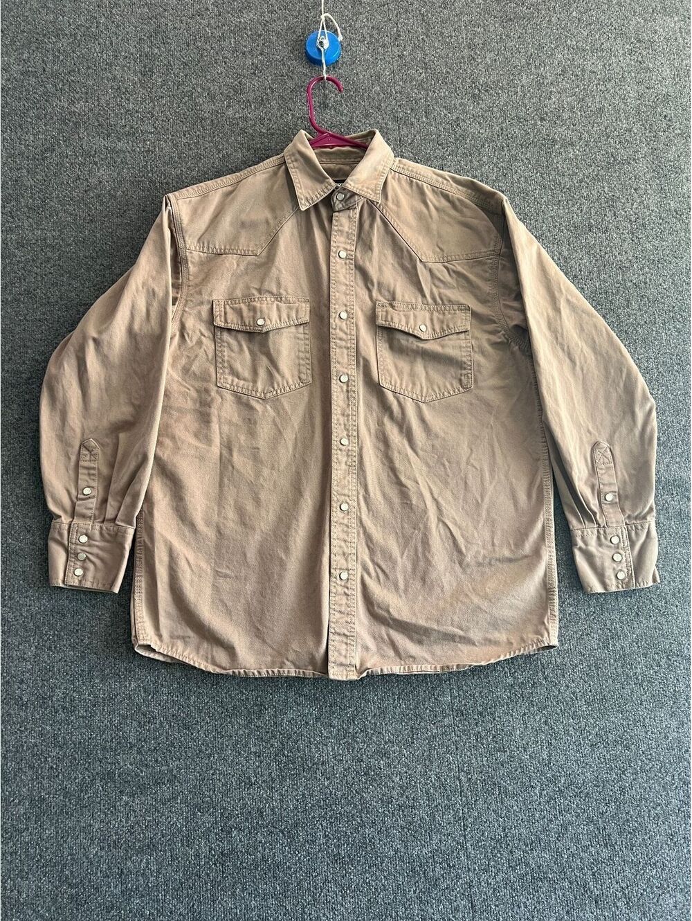 Key Men's Long Sleeve Pearl Snap Button-Up Shirt Beige Cotton Size Large